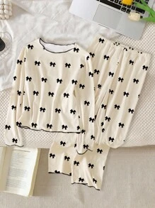 SHEIN Tween Girls 2pcs Pajama Set, Elegant & Fashionable Peach & Black Bowknot Decor, Contrast Wavy Trim, Long Sleeve Top & Pants, Casual Loungewear,Backto SchoolFashion Soft Pajama Set Fall Winter - Apricot - View 3