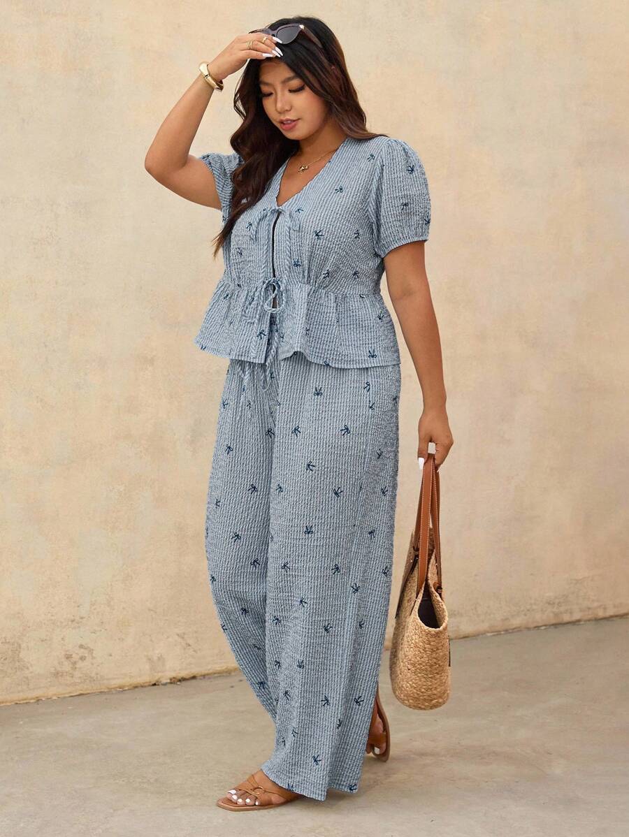 Elaquor Plus Size Vacation Casual Striped Bow Print Shirt And Pants 2 Pieces Set