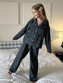 Hapijoa Tween Girl Plaid Single-Breasted Long Sleeve Top And Pants Pajama Set - Dark Green - View 4