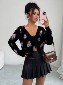 Modelyn 女士优雅花卉提花系带短款开衫 - 黑色 - 查看 5