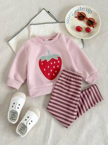 SHEIN Baby Girl Autumn Cute Fruit Embroidery Long Sleeve Top And Ribbed Leggings 2pcs Set - Pink - View 6
