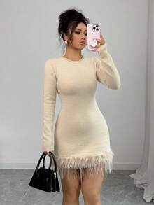 Elenzga 女式流苏边圆领长袖修身优雅针织连衣裙 - 杏色 - 查看 1