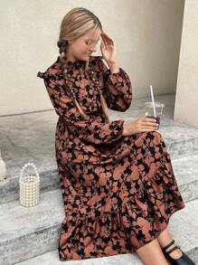 SHEIN Leap Crew Teen Girls Allover Floral Print Frilled Neck Ruffle Hem Dress - Multicolor - View 4