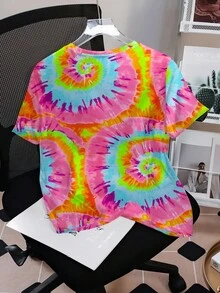 Nick 90s | SHEIN 女式扎染卡通人物图案圆领短袖T恤