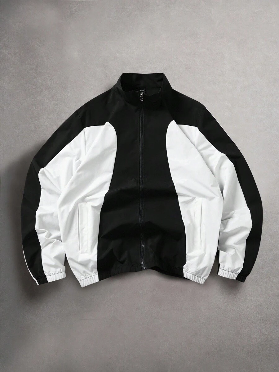 Manfinity ZONE917 男士撞色休闲拉链长袖户外风衣夹克，秋季 - 黑色 - 查看 1