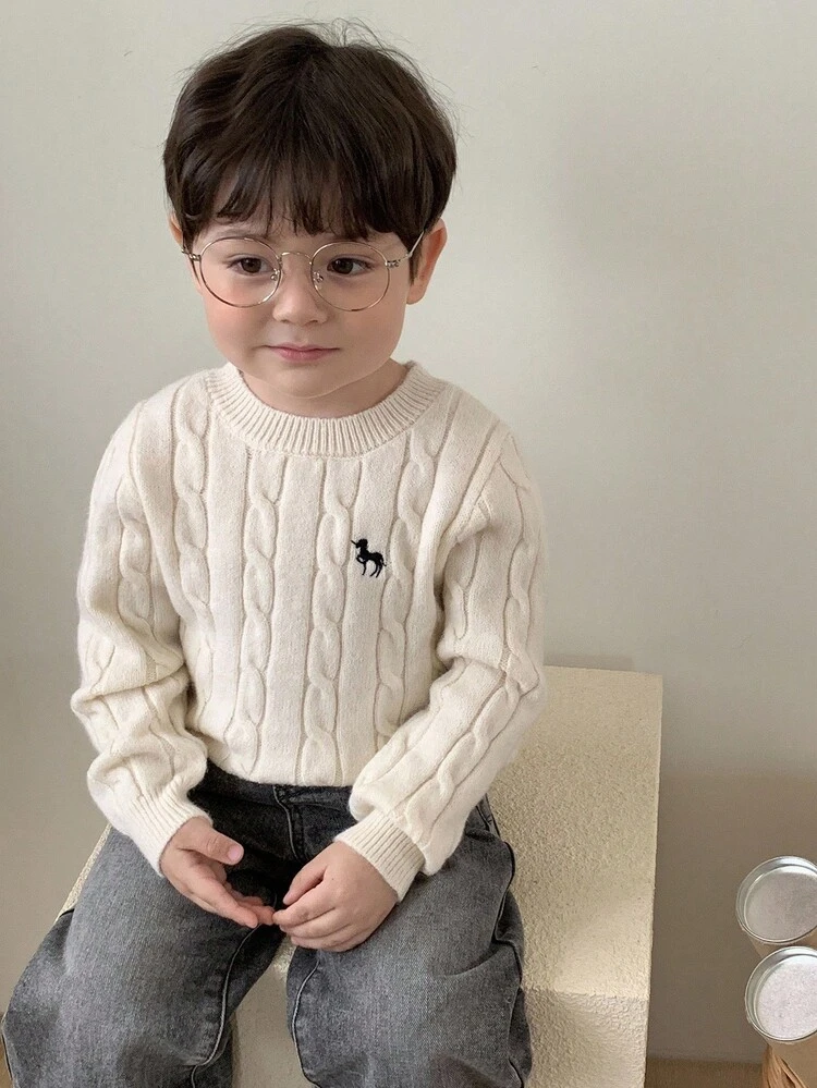 Baby Boy Crew Neck Cable Knit Twist Cartoon Embroidery Solid Color Sweater Fall, Winter