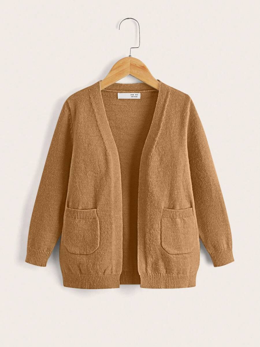 SHEIN Young Girl Casual Solid Color Cardigan With Pockets In Fall/Winter - Khaki - View 1
