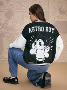 Astro Boy X SHEIN Plus Size Casual Everyday Contrast Color Cartoon Graphic Jacket Winter Fall Autumn - Black and White - View 3