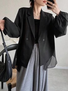 FRIFUL 女士纯色灯笼袖外套，时尚通勤黑色西装外套，女士宽松西装外套，宽松夹克，黑色夹克，女士西装外套，商务装 - 黑色 - 查看 3