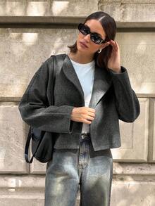 Aloruh Women's Elegant New Arrival Gray Lapel Short Coat, For Fall & Winter,Casual,Long Sleeve Jackets Women Autumn/Winter Coat - Grey - View 3