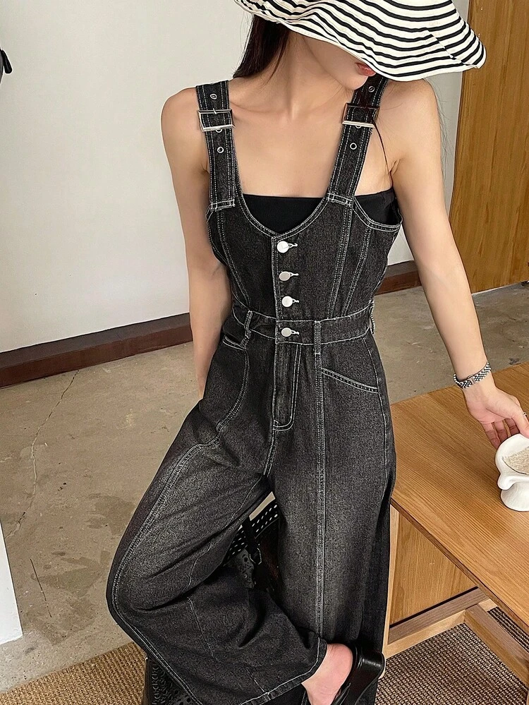 Women's Decorative Stitching Strap Jumpsuit Denim Bib Pants