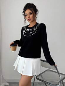 Selianne Women's Faux Pearl & Rhinestone Embellished Crew Neck Loose Fit Elegant Sweater Fall Winter Cloth For Women - Black - View 3