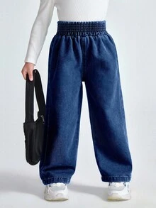 SHEIN Explorewe 女童简约碎花后口袋紧身喇叭牛仔裤 - 深色水洗藍 - 查看 6