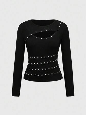 Grunge Punk Punk Rock Music Festival Rivet Rhinestone Webbing Short Sleeve Sexy Black Crew Neck Long Sleeve T-Shirt For Women, Autumn