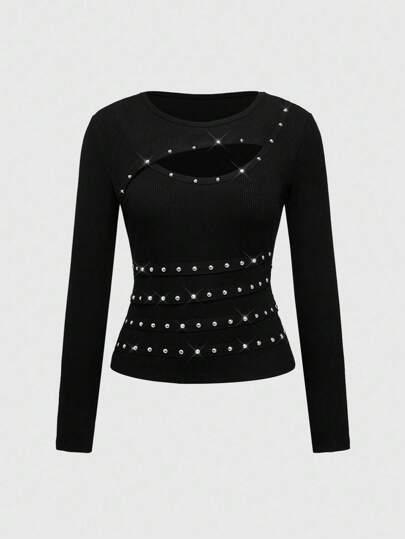 Grunge Punk Punk Rock Music Festival Rivet Rhinestone Webbing Short Sleeve Sexy Black Crew Neck Long Sleeve T-Shirt For Women, Autumn