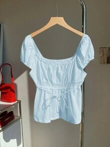 Comfortcana Textured Jacquard Ruched T-Shirt, Minimalist Fashion Casual For Everyday Wear - Blue - View 5