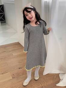 DAZY 女童圆领休闲针织中长连衣裙 - 灰色 - 查看 5