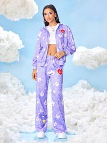 SHEIN X Care Bears Women's Cartoon Bear Pattern Hooded Long Sleeve Jacket - Purple - View 6