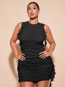 SHEIN BAE 大码女式优雅度假音乐节百搭扎染亮色荷叶边修身迷你连衣裙/海滩度假装/夏装/母亲节/妈妈/母亲/妈妈/母亲节/妈妈/妈妈/母亲节礼物，女士生日礼服