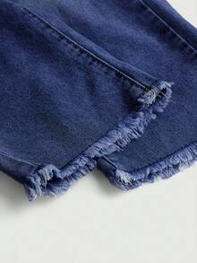 SHEIN Young Girl' Light Blue New Ripped Elastic Waist Ruffle Hem Denim Jeans, Spring/Summer