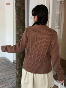 Dazy Plus Embroidered Pattern Half-Zip Collar Collegiate Style Cropped Long Sleeve Plus Size Women Casual Sweater, Autumn School - Khaki - View 2