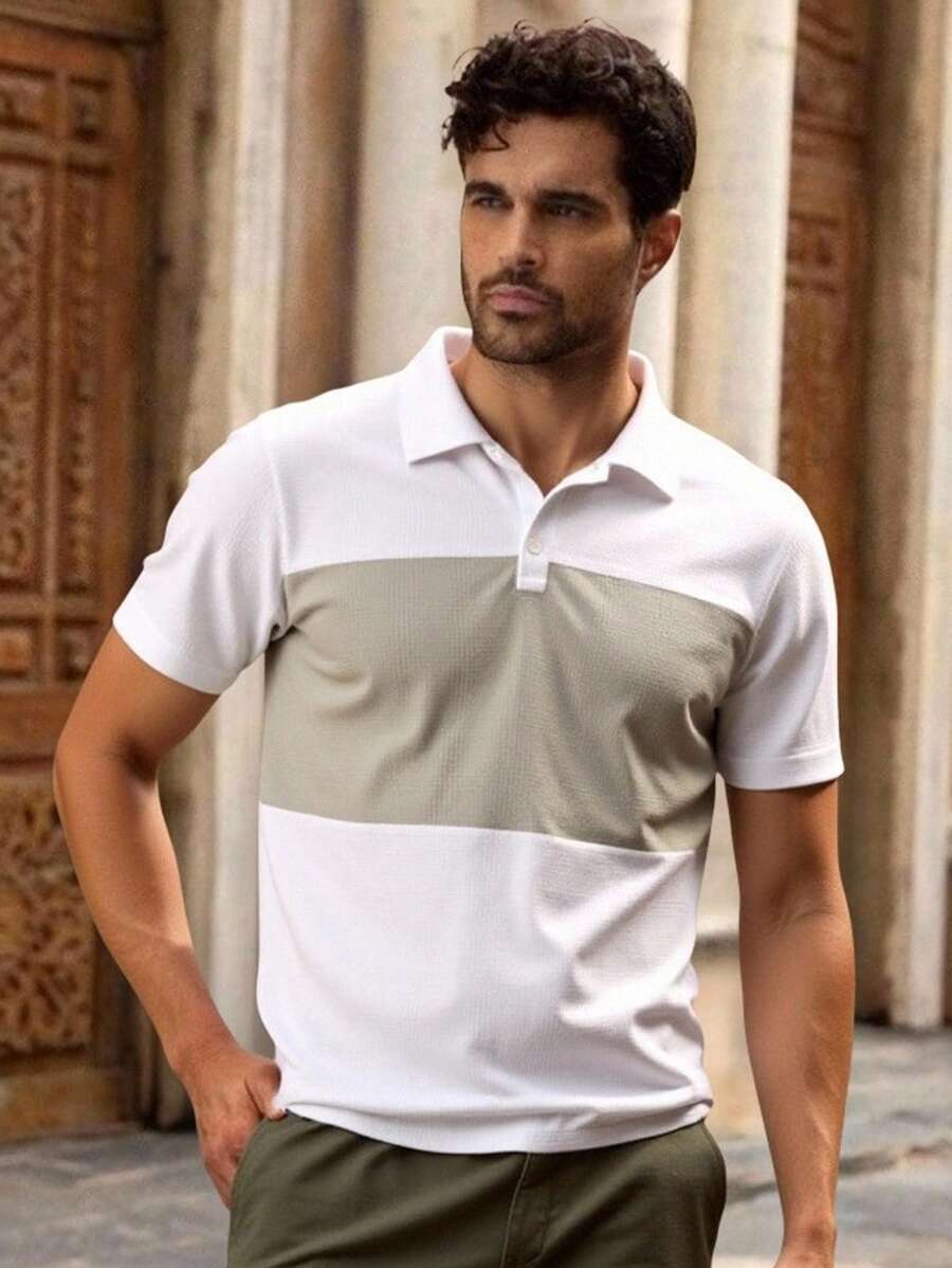 Manfinity VCAY Men's Casual Patchwork Polo Shirt,Green And White Summer Vacation Colorblock Mesh Golf Shirt,Everyday Wear Short Sleeve Tops - Multicolor - View 1
