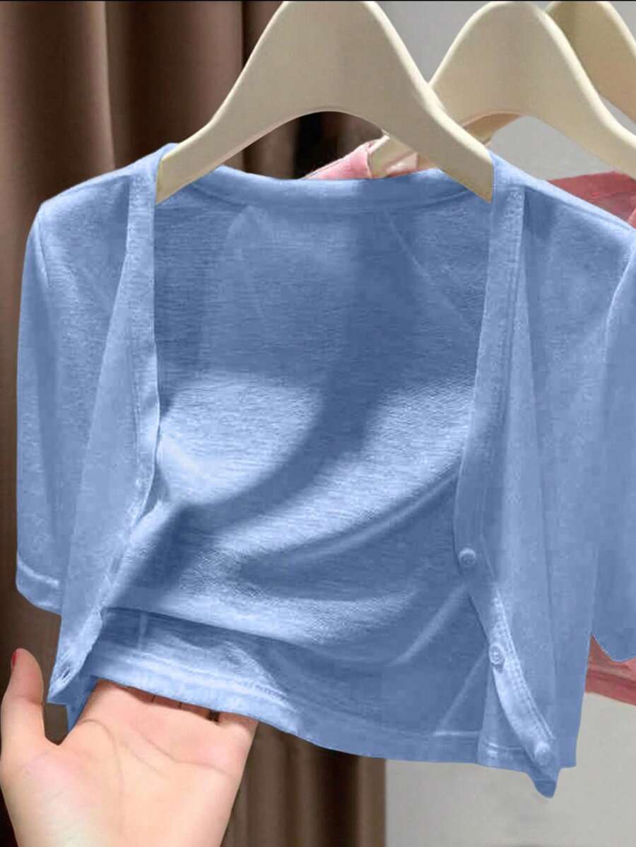 INAWLY 女士标准尺寸短袖薄款开衫，适合户外和度假穿着 - 藍色 - 查看 1