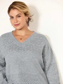 Momelise Plus Size Solid Color Hollow Out Knit Sweater, Casual For Autumn/Winter Fall Cloth For Women - Light Grey - View 6