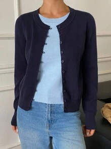 DAZY Áo len dệt kim cổ tròn tay dài 2 trong 1 chắp vá dành cho nữ, mặc dạo phố, mùa thu/đông - Màu xanh hải quân - Xem 5