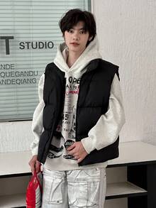 DAZY Áo khoác mùa đông rộng rãi, thoải mái, có khóa kéo phía trước màu trơn cho bé trai tuổi teen - màu đen - Xem 3