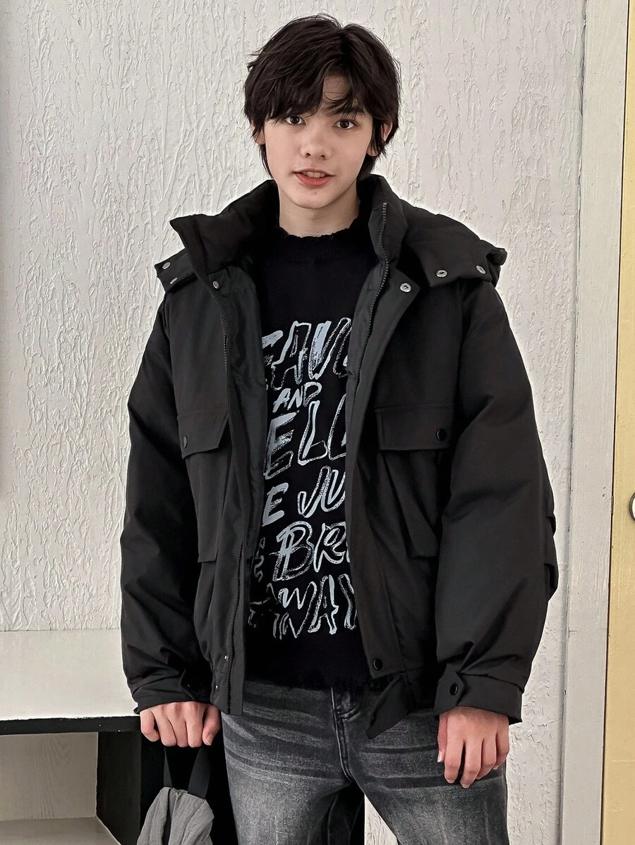 Dazy Kids 青少年男孩纯色实用口袋拉链前休闲连帽冬季夹克 - 黑色 - 查看 1
