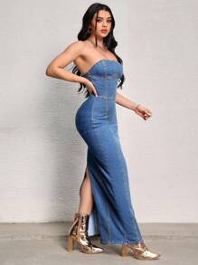 SHEIN SXY 劈叉筒牛仔裙 - 中等水洗藍 - 查看 5