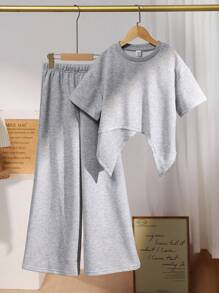 Ensemble T-shirt à manches courtes col rond et pantalon long taille élastique, style asymétrique, pour préadolescentes, en couleur unie