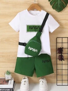 SHEIN Kleine Jungen 3 Stücke/Set T-Shirt + Shorts + Rucksack Lässige Sportliche Mode Streetwear Outfits