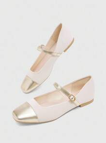 CUCCOO BIZCHIC 女式拼色方头扣带平底玛丽珍鞋 - 米色 - 查看 9