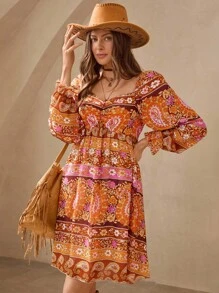 Wildy 秋季新品浪漫波西米亚印花长袖短裙秋装乡村演唱会服装返校节西部服装女式波西米亚风女装乡村服装女式度假服装度假服装女式外出上衣女式西部服装狂欢服装度假两件套 - 彩色 - 查看 7