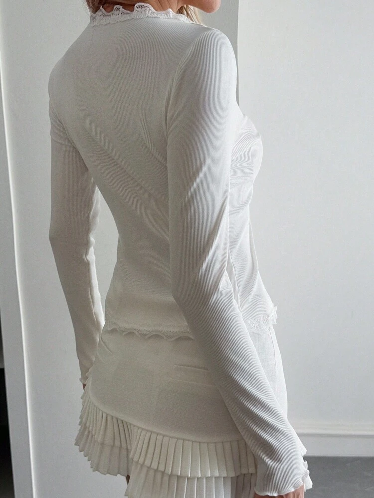 Tall Women's V-Neck Long Sleeve Lace Patchwork Fitted Casual T-Shirt