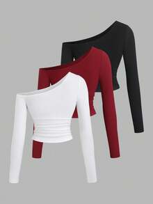 Sweetra 女士新款不对称领口腰部褶饰修身T恤套装，适合日常通勤，春秋季 - 彩色 - 查看 2