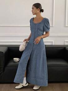 Livesso Vestido de mezclilla de verano con cuello cuadrado, mangas abullonadas y cintura ceñida
