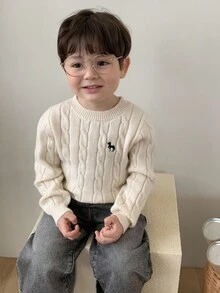 Hapijoa Áo len dệt kim xoắn cổ tròn thêu họa tiết hoạt hình cho bé trai màu trơn thu đông - Màu be - Xem 3