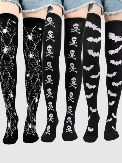 Grunge Punk 3 Pairs Spider, Skeleton, Bat Combination Thigh High Socks For Women