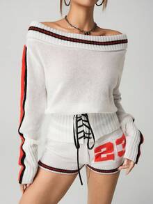 SHEIN ICON 1 Bộ trang phục thể thao thường ngày gồm áo len hở vai ôm sát và quần short siêu ngắn - Màu be - Xem 6