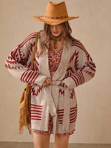 Wildy Casual American Country Style Long Sleeve Geometric Bohemian Fair Isle Pattern Knit Cardigan For Women, Knitted Cardigan Boho Christmas Winter Country Concert Western Wear,Fall - Multicolor - View 7