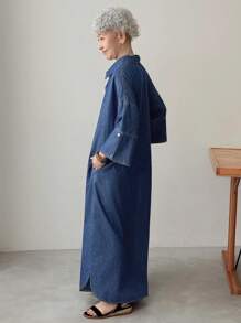 FRIFUL 女式纽扣半襟落肩宽松休闲牛仔连衣裙