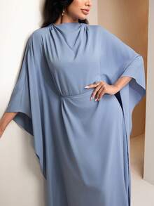 Veilorie Solid Color Batwing Sleeve Cinching Waist Elegant Dress