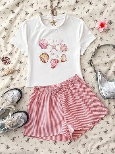 TEENGIRL Summer Fruit Print Short Sleeve Red Striped Casual Shorts 2 Pieces Set, Suitable For Picnic And Vacation Teen Girl Summer Outfits Girls Summer Clothes Seashell Print Outfits Striped Shorts Outfits Summer Short Sets For Girls Girls Summer Short Sets Striped Summer Shorts Beach Outfits For Girls Summer Sets For Girls Girls Ocean Beach Outfits Teen Girl Clothes Summer Short Set Short Sleeve Sets Girl Summers Beach Kids Outfit Summer Short Set Girls Girl Short Sleeve Summer Sets