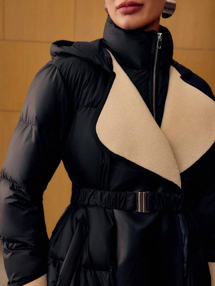 CONTRAST WATERFALL HOODED BELTED WINTER COAT