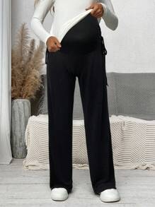 SHEIN Maternity Pants With High Waist, Ruched Hem, Side Bowknot Adjustable Waist