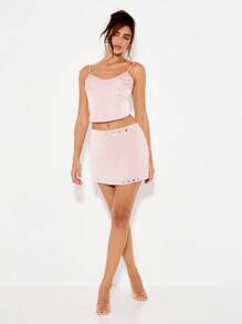 KIZN Mini Skirt With Studded Details Evening Party Clubwear Y2K Fashion Shiny Metallic Satin Slim Fit Statement Bottom Wear Festival - Pink - View 3