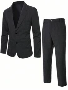Manfinity Bizformal 男士纯色翻领长袖夹克和裤子休闲西装套装，时尚 - 黑色 - 查看 3